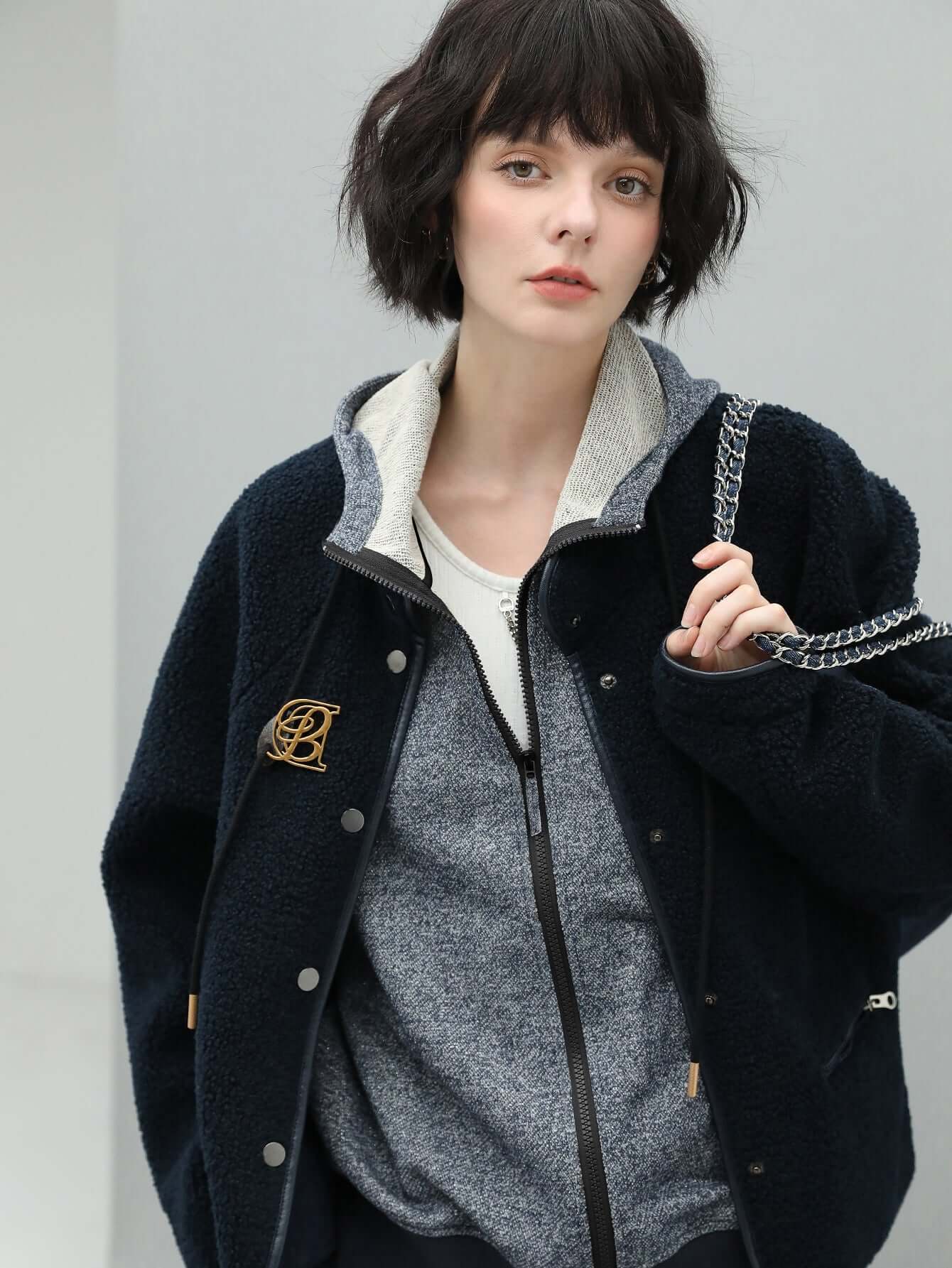 Navy Blue Stand Collar Fleece Jacket-2
