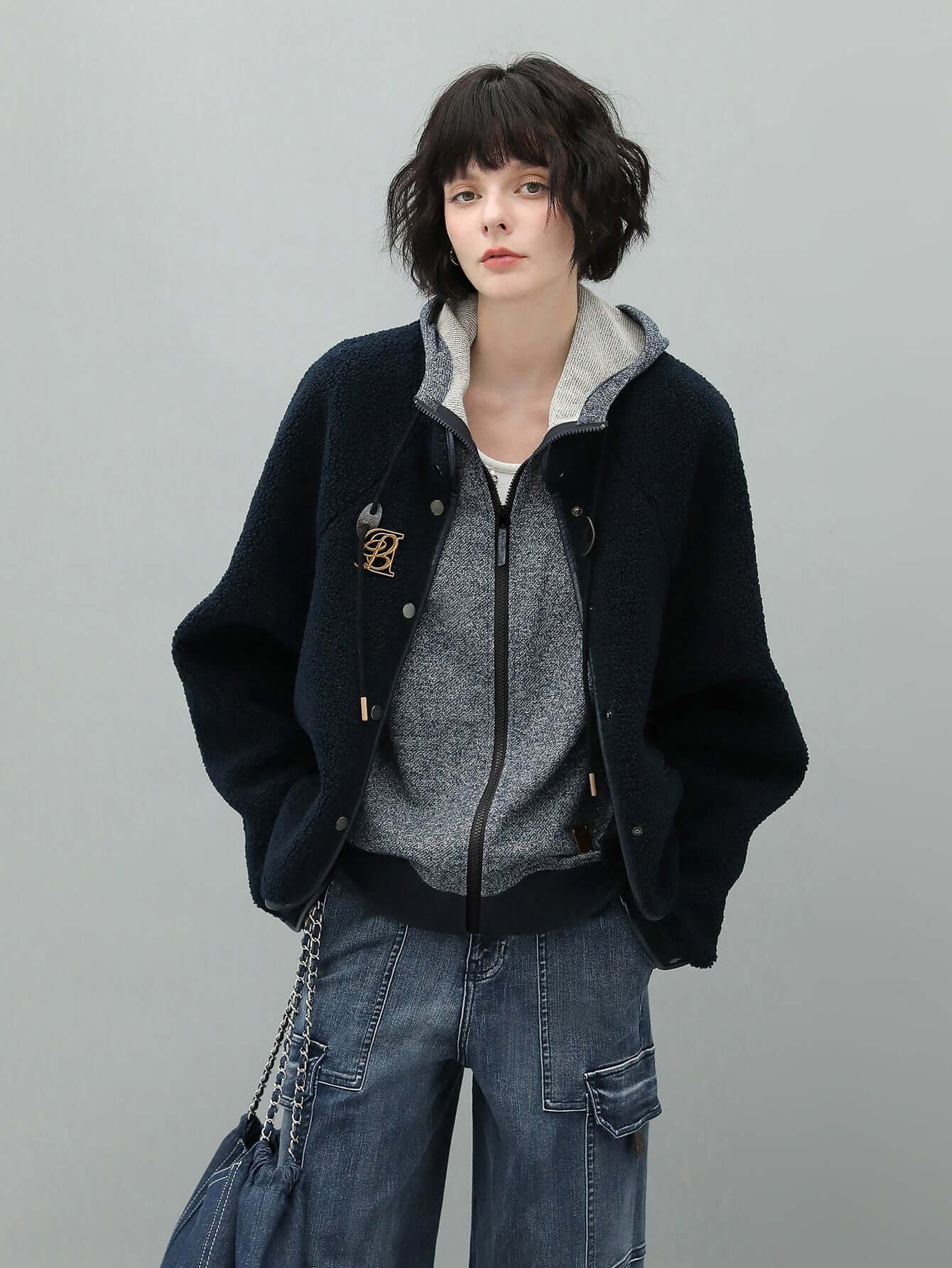 Navy Blue Stand Collar Fleece Jacket-1