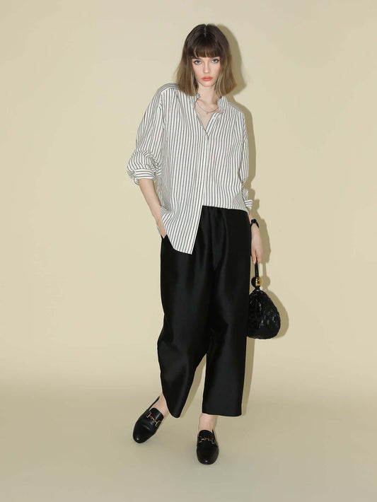 Pin Tuck Stripe Collared Long Sleeve Shirt-0