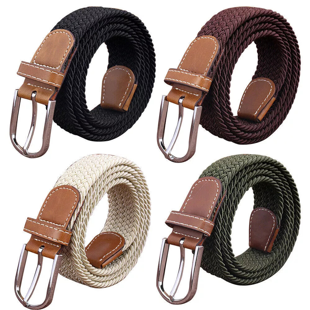 Men's Stretch Braided Woven Waist Straps Elastic Waistband Canvas Buckle Belt