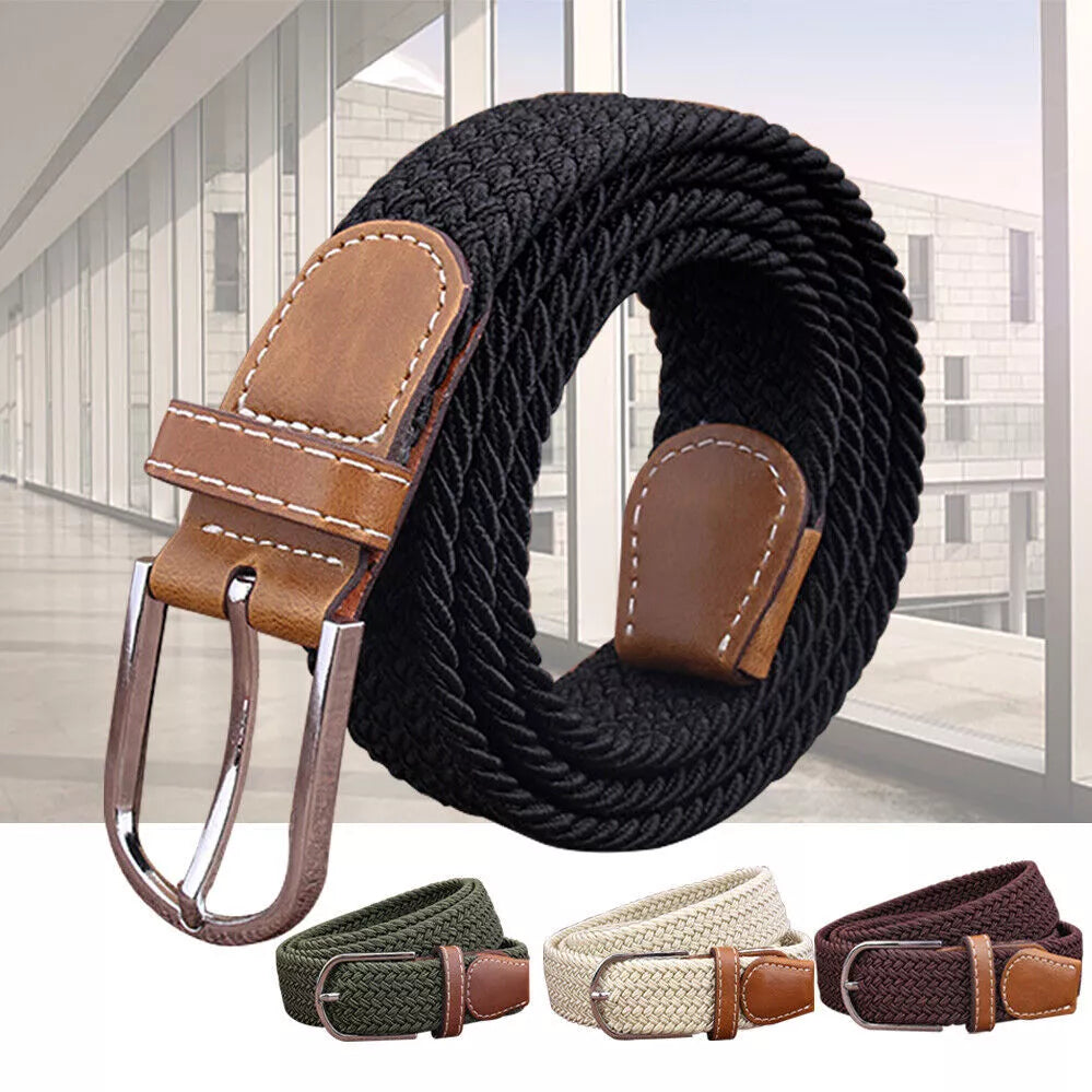 Men's Stretch Braided Woven Waist Straps Elastic Waistband Canvas Buckle Belt
