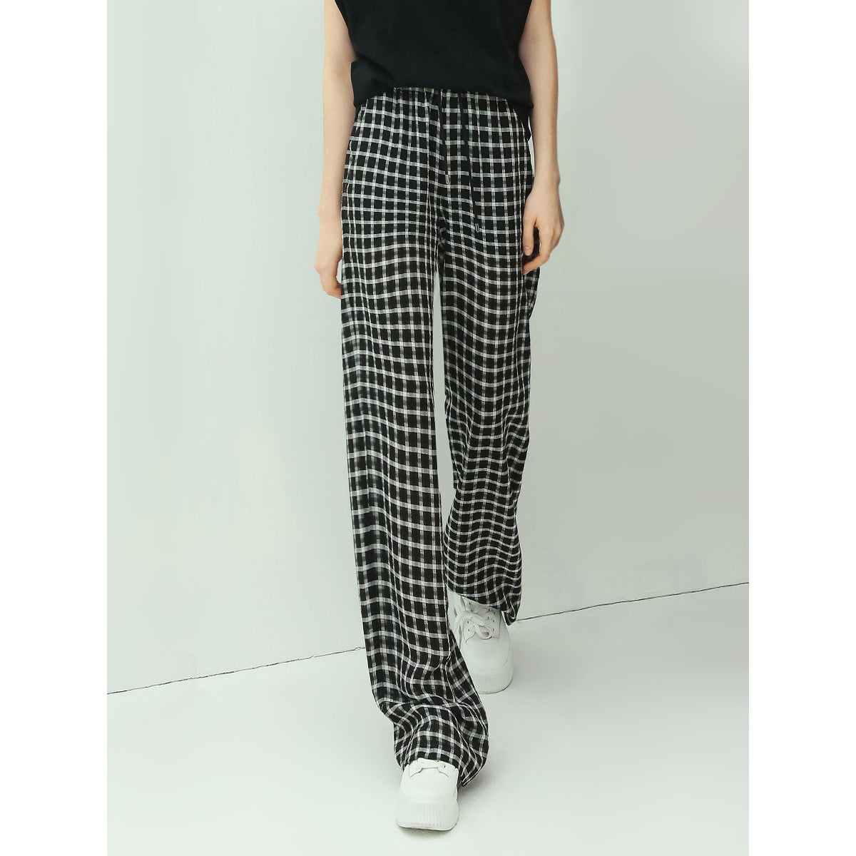 Slouchy Relaxed Fit Casual Checkered Pants-0